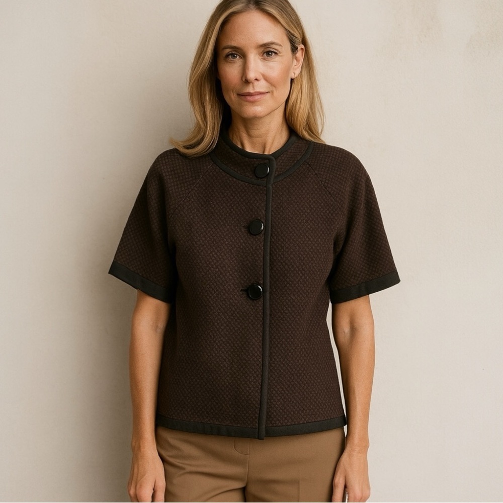 Autumn Retro Top-Button Cardigan Size Large Brown W/Black Trim 3 “Button” Snaps